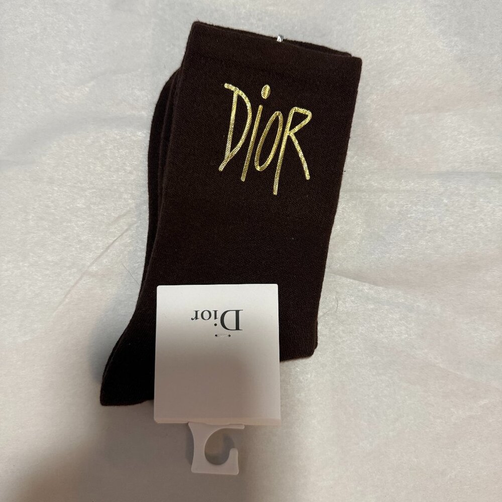 Dior Oblique Socks Gold and Dark Brown Unisex NWT Size O/S